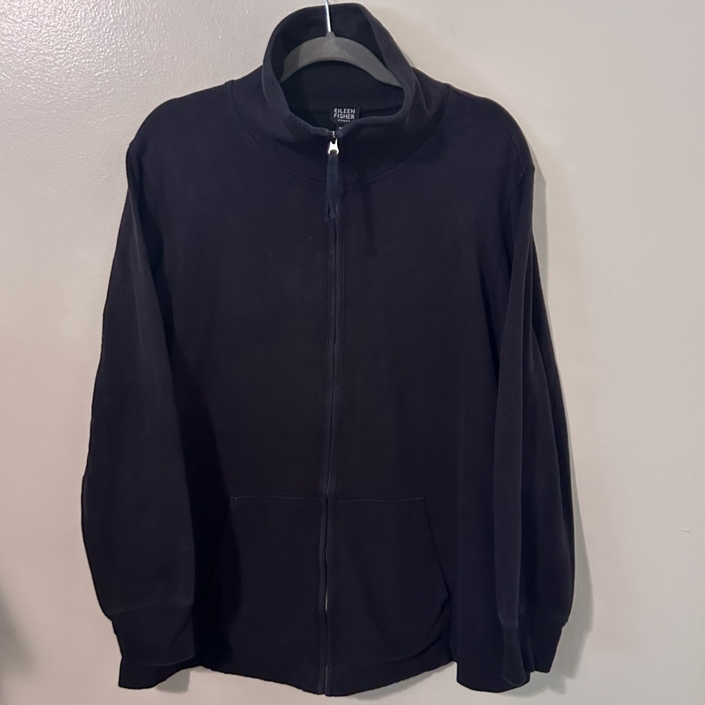 Eileen Fisher Full Zippered Black Sweater Jacket 1X Pocket Fall Winter